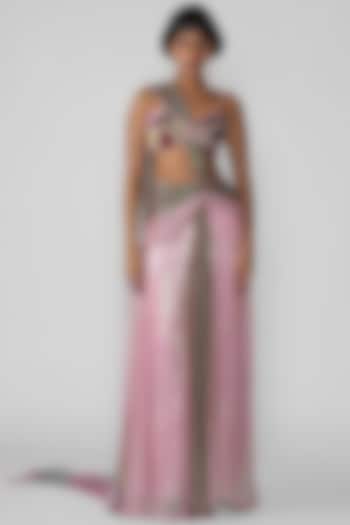 Pink & Green Sequins Draped Wedding Saree Set by Aisha Rao at Pernia's Pop Up Shop