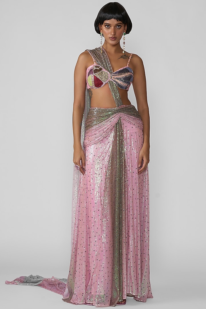 Pink & Green Sequins Draped Wedding Saree Set by Aisha Rao at Pernia's Pop Up Shop