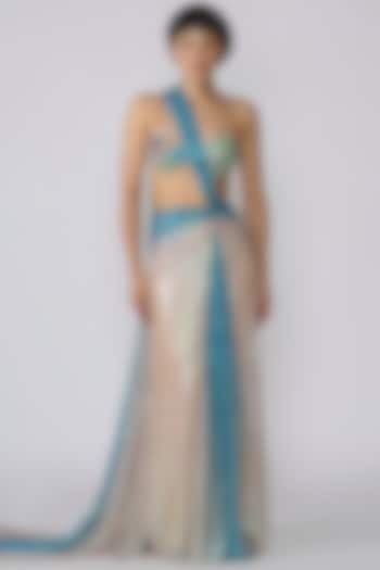 Ivory Blue Sequins Draped Wedding Saree Set by Aisha Rao at Pernia's Pop Up Shop