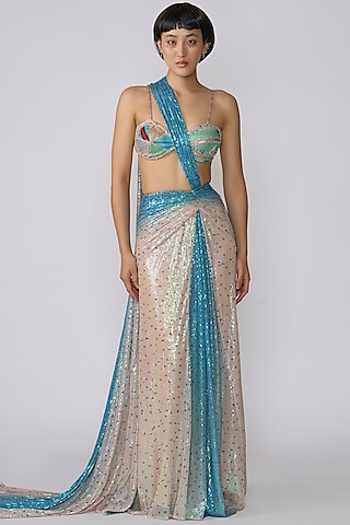 Ivory Blue Sequins Draped Saree Set by Aisha Rao