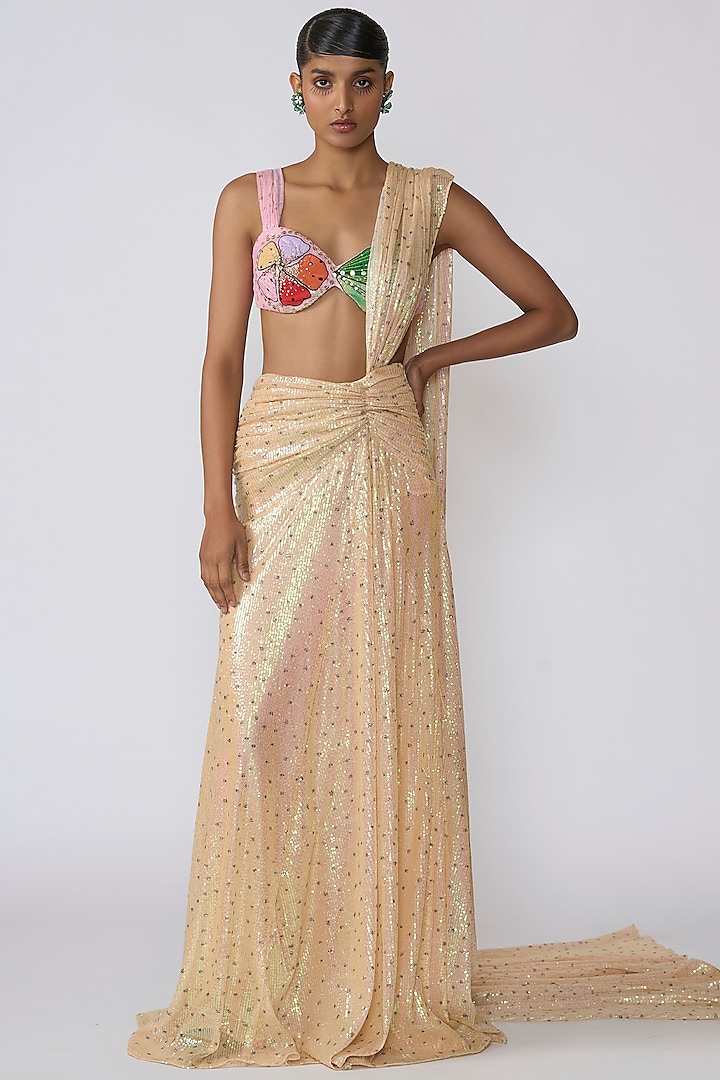 Flax Yellow Sequins Draped Saree Set by Aisha Rao at Pernia's Pop Up Shop