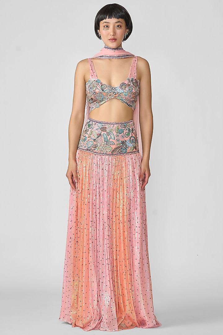 Pink & Orange Sequins Printed Wedding Lehenga Set by Aisha Rao at Pernia's Pop Up Shop