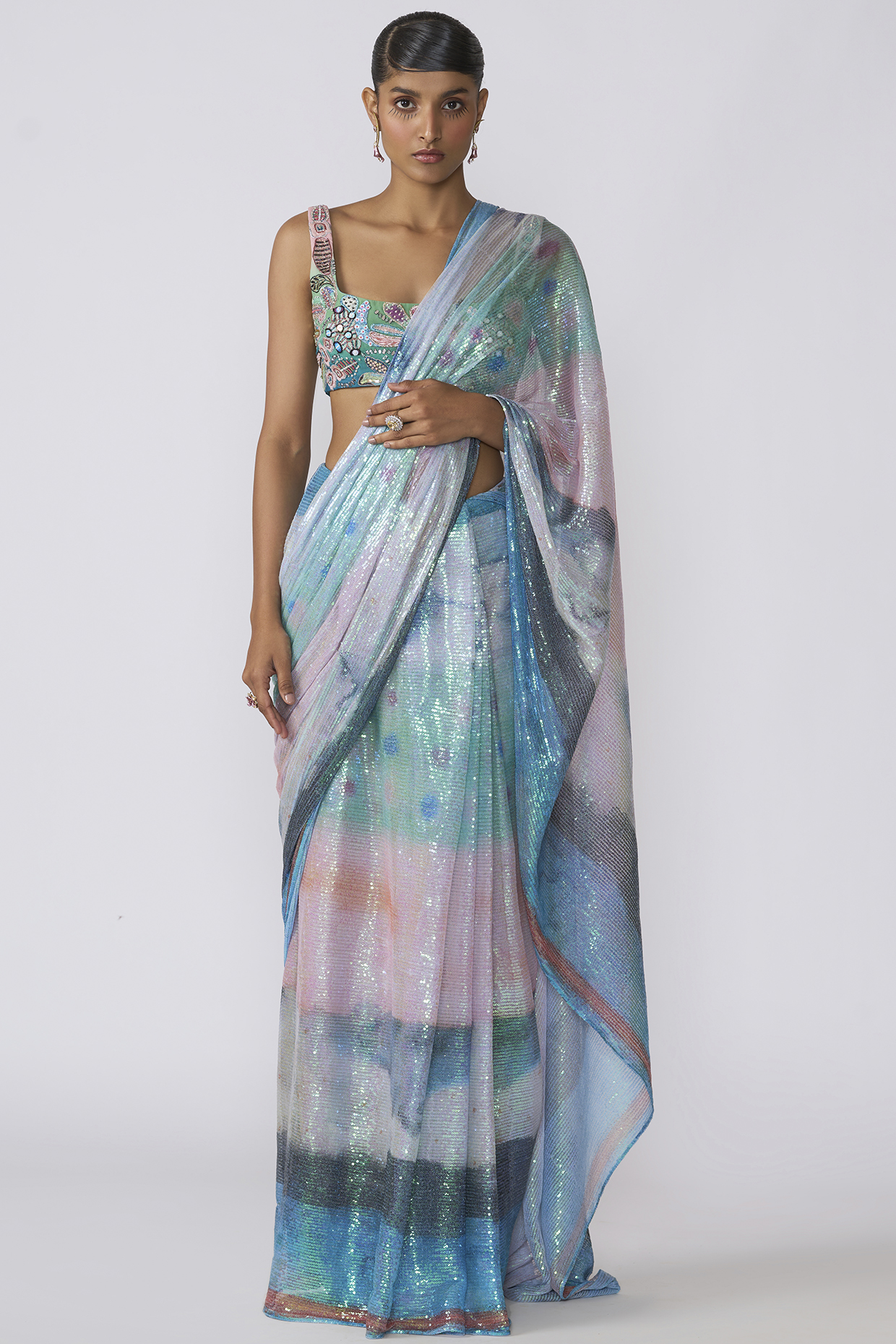 Aurora Sequins Printed Draped Reception Saree Set by Aisha Rao at Pernia's Pop Up Shop