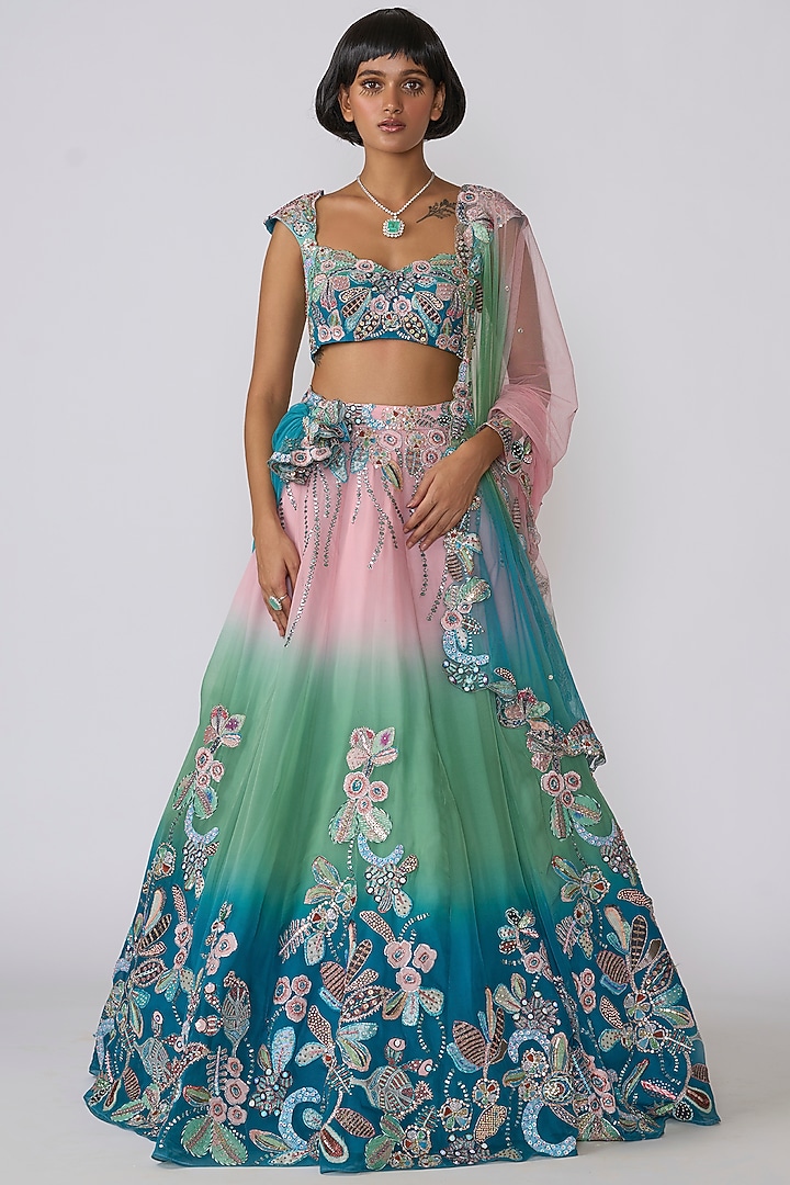 Aurora Organza Applique Embellished Bridal Lehenga Set by Aisha Rao at Pernia's Pop Up Shop