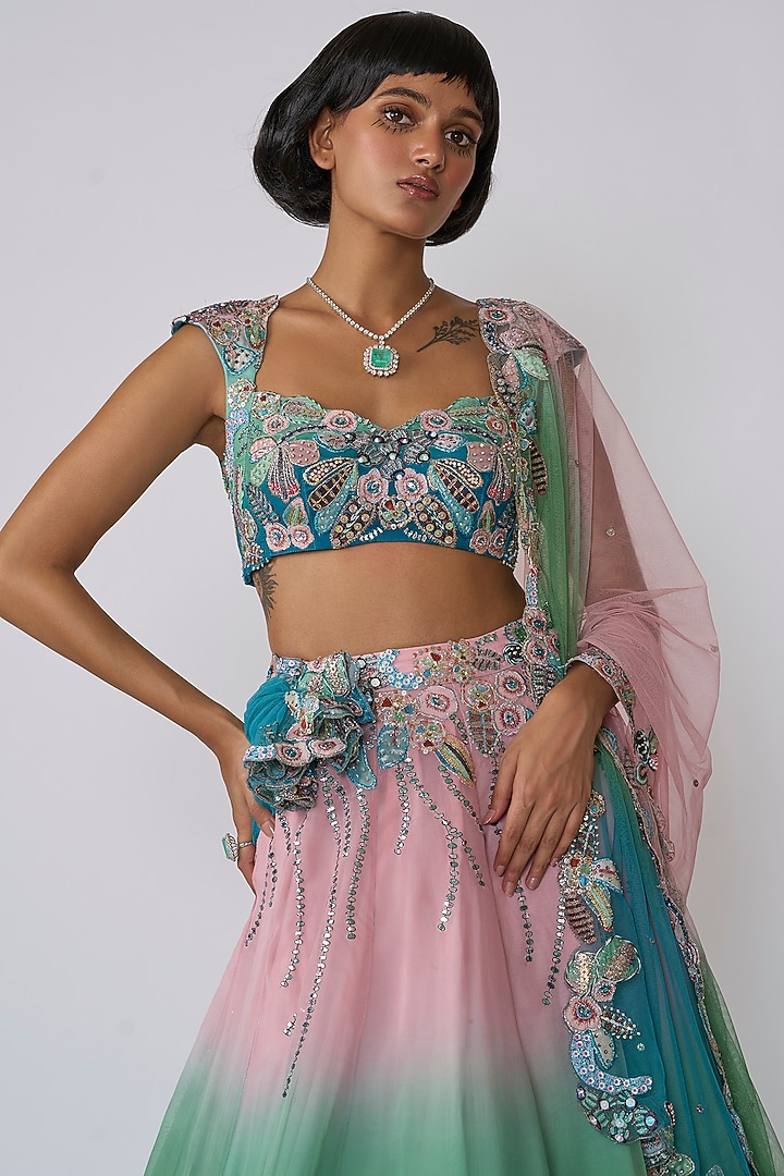 Aurora Organza Applique Embellished Bridal Lehenga Set by Aisha Rao at Pernia's Pop Up Shop