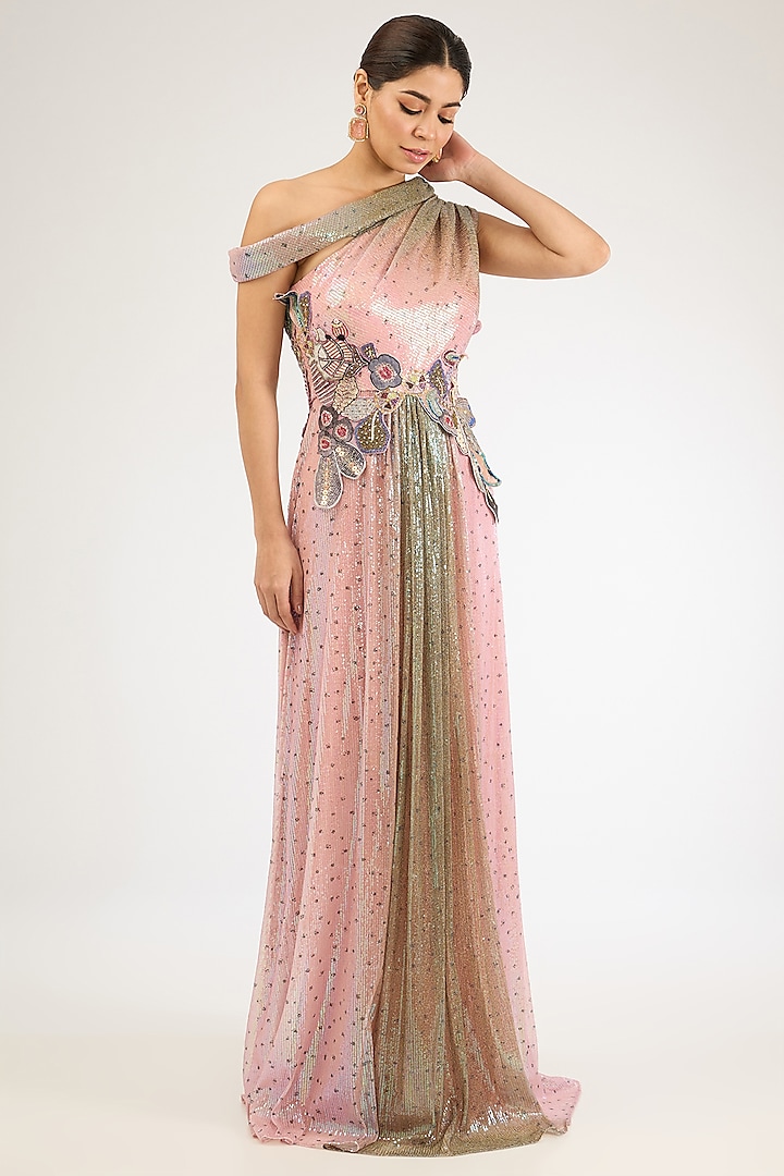 Pink Sequins & Tulle Applique Embellished Gown by Aisha Rao at Pernia's Pop Up Shop