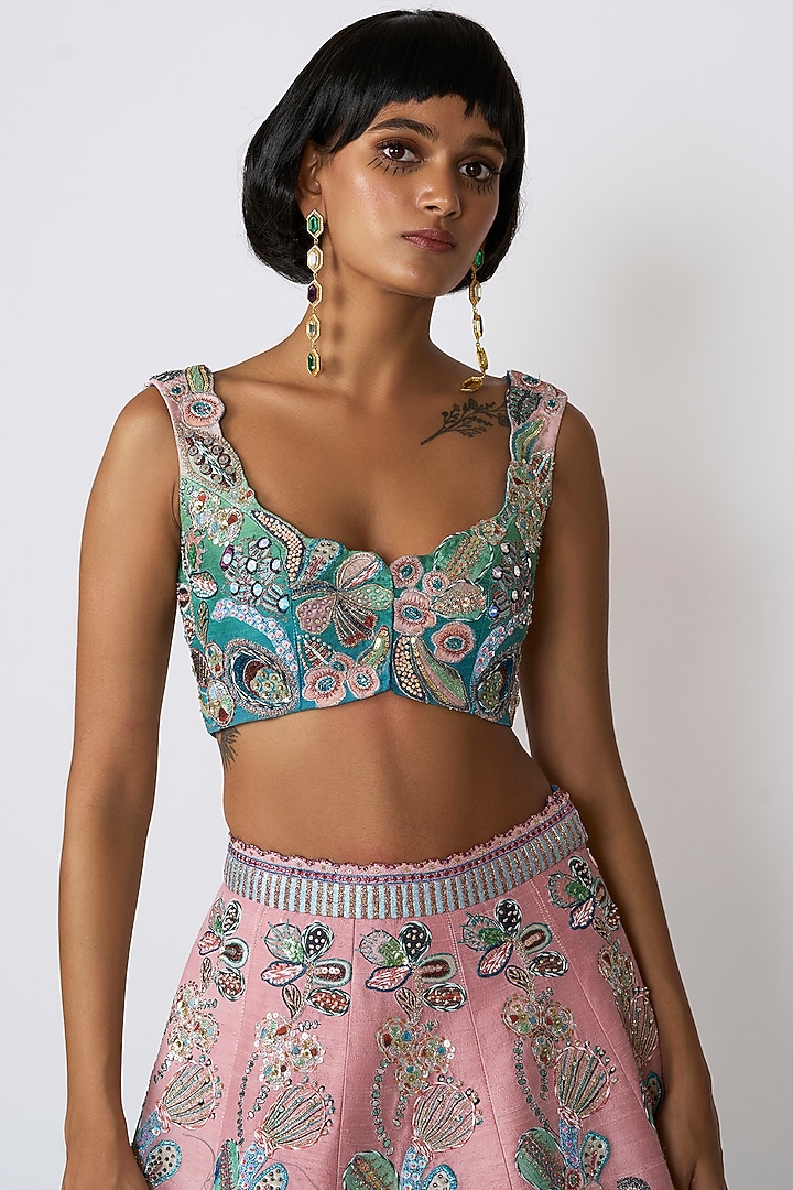 Aurora Raw Silk Applique Embellished Bridal Lehenga Set by Aisha Rao at Pernia's Pop Up Shop