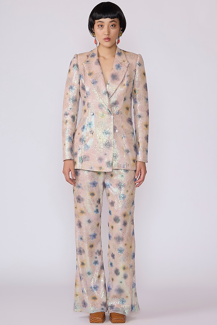 Ivory Sequin Tulle Printed Blazer Set by Aisha Rao at Pernia's Pop Up Shop
