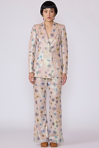 Ivory Sequin Tulle Printed Blazer Set by Aisha Rao