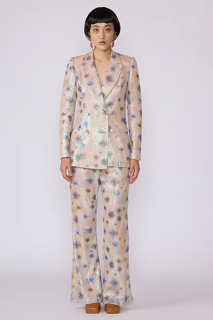 Ivory Sequin Tulle Printed Blazer Set by Aisha Rao at Pernia's Pop Up Shop