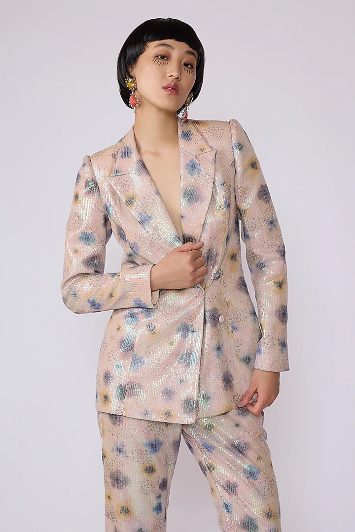 Ivory Sequin Tulle Printed Blazer Set by Aisha Rao at Pernia's Pop Up Shop