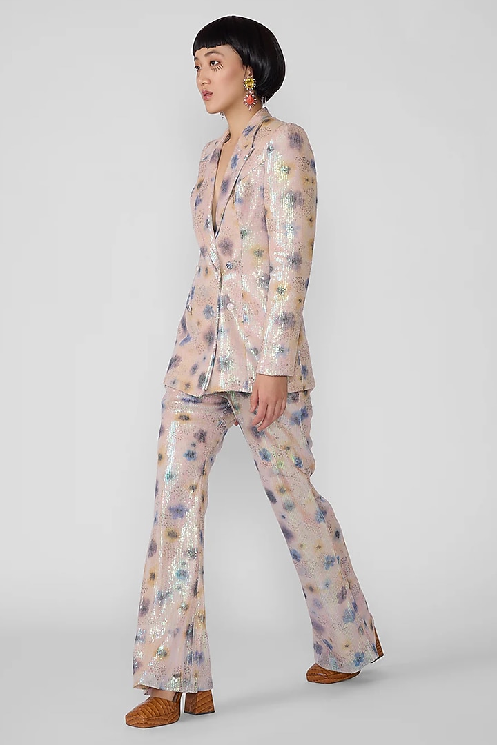 Ivory Sequin Tulle Printed Blazer Set by Aisha Rao at Pernia's Pop Up Shop