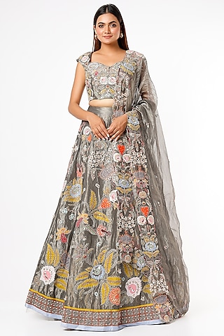 Grey Embroidered Kalidar Lehenga Set by Aisha Rao