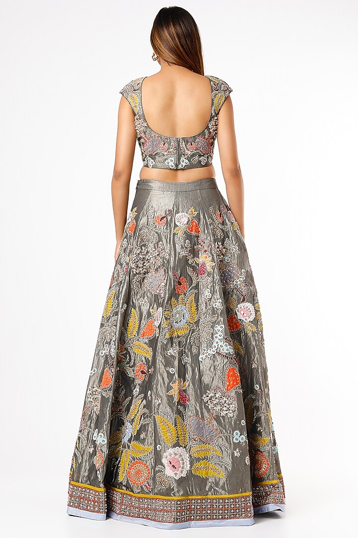 Grey Embroidered Kalidar Bridal Lehenga Set by Aisha Rao at Pernia's Pop Up Shop