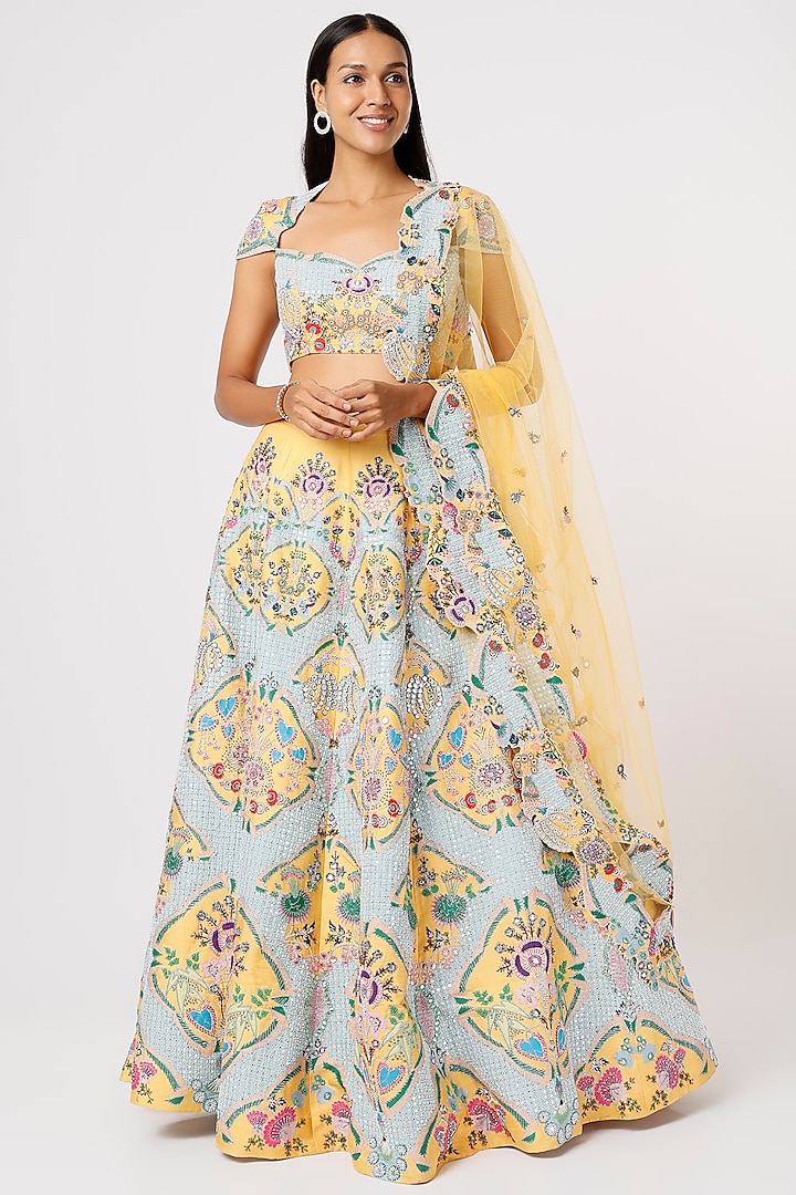 Yellow Raw Silk Embroidered Lehenga Set by Aisha Rao