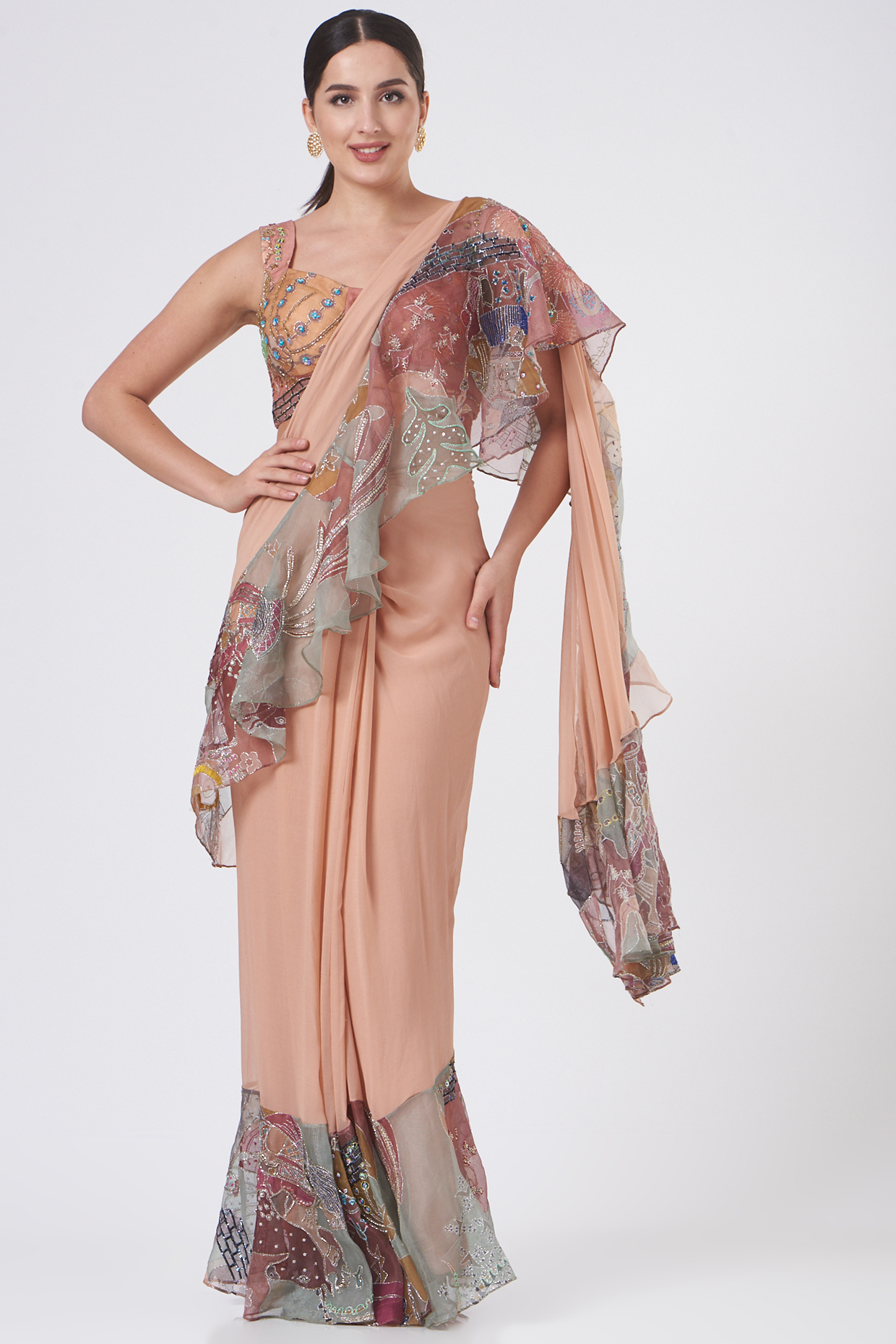 Peach Printed Ruffled Reception Saree Set by Aisha Rao at Pernia's Pop Up Shop
