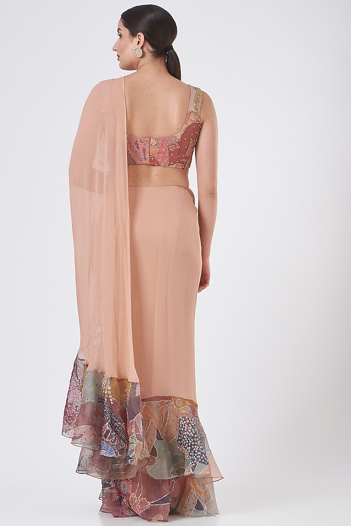 Peach Printed Ruffled Reception Saree Set by Aisha Rao at Pernia's Pop Up Shop