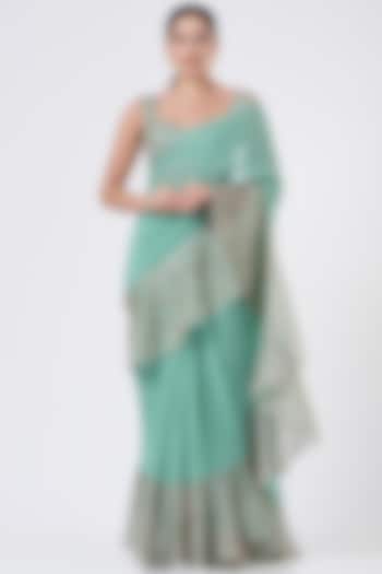 Sea Green Organza Embellished & Printed Ruffled Reception Saree Set by Aisha Rao at Pernia's Pop Up Shop