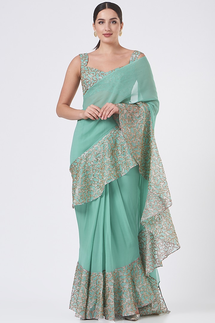 Sea Green Organza Embellished & Printed Ruffled Reception Saree Set by Aisha Rao at Pernia's Pop Up Shop