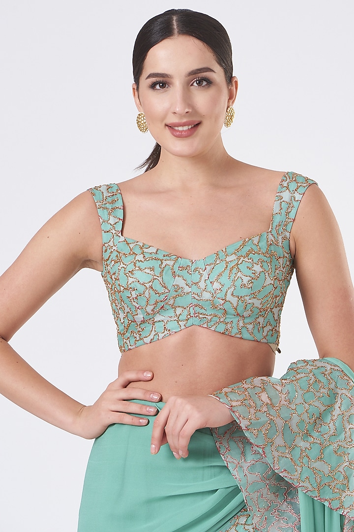 Sea Green Organza Embellished & Printed Ruffled Reception Saree Set by Aisha Rao at Pernia's Pop Up Shop