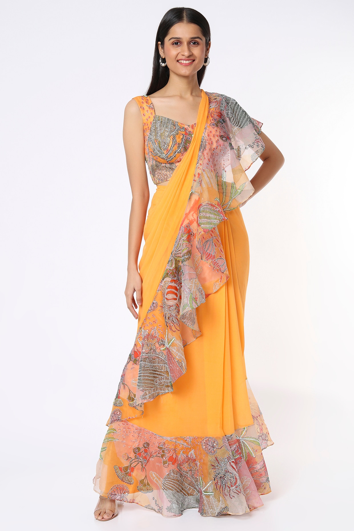Yellow ruffle designer saree buy online at affordable price – Joshindia