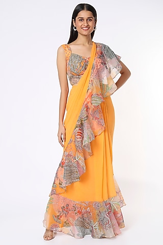 Yellow Organza Embellished Saree Set by Aisha Rao