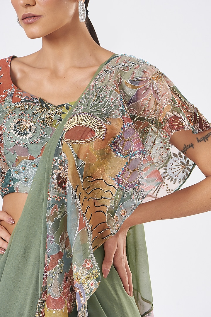 Green Organza Printed & Embellished Ruffled Reception Saree Set by Aisha Rao at Pernia's Pop Up Shop