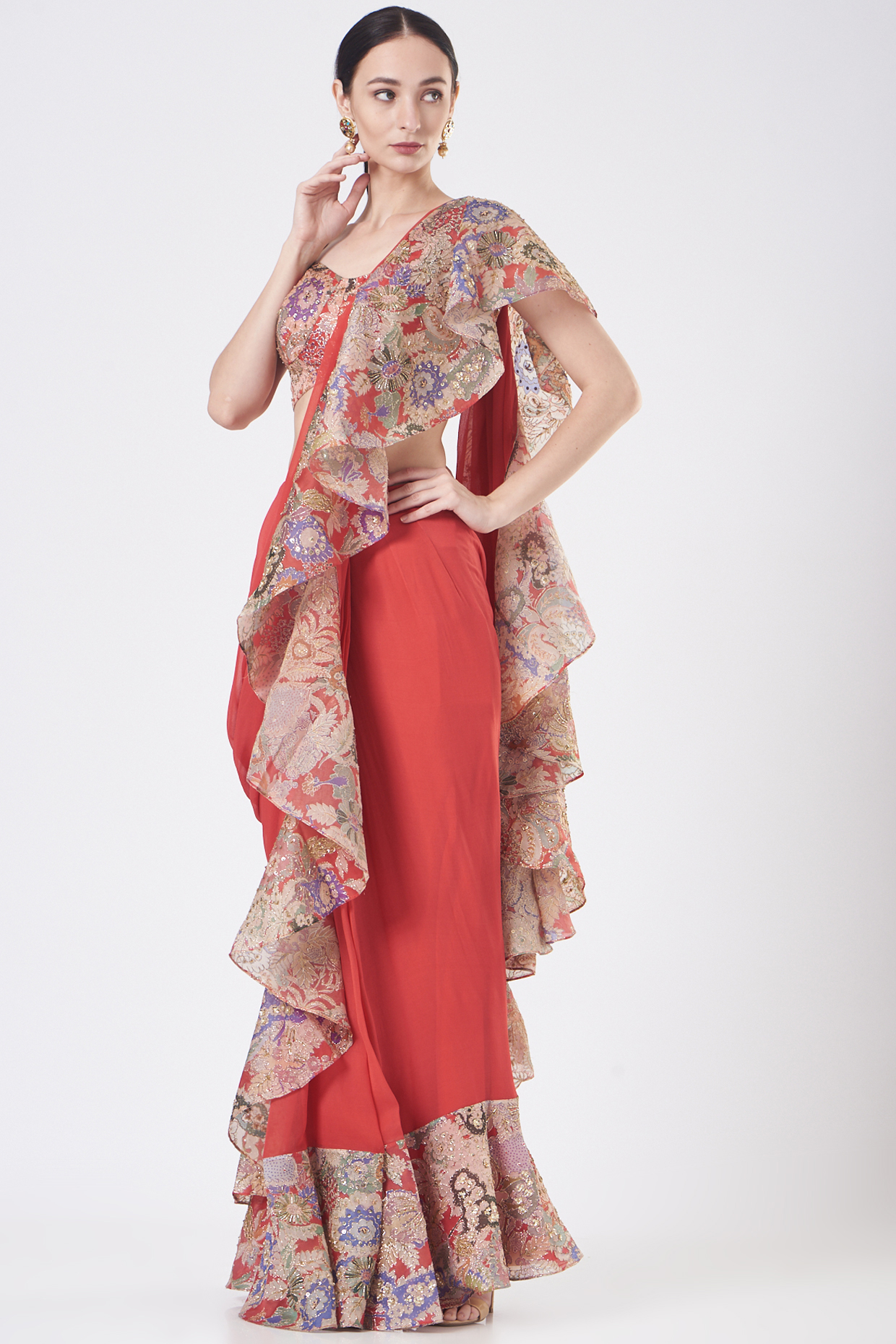 Red Satin Organza Printed & Embellished Reception Saree Set by Aisha Rao at Pernia's Pop Up Shop