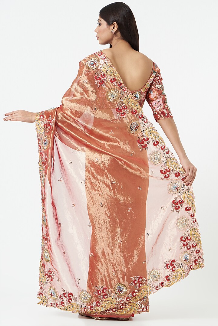 Copper Tissue Embellished Saree Set by Aisha Rao