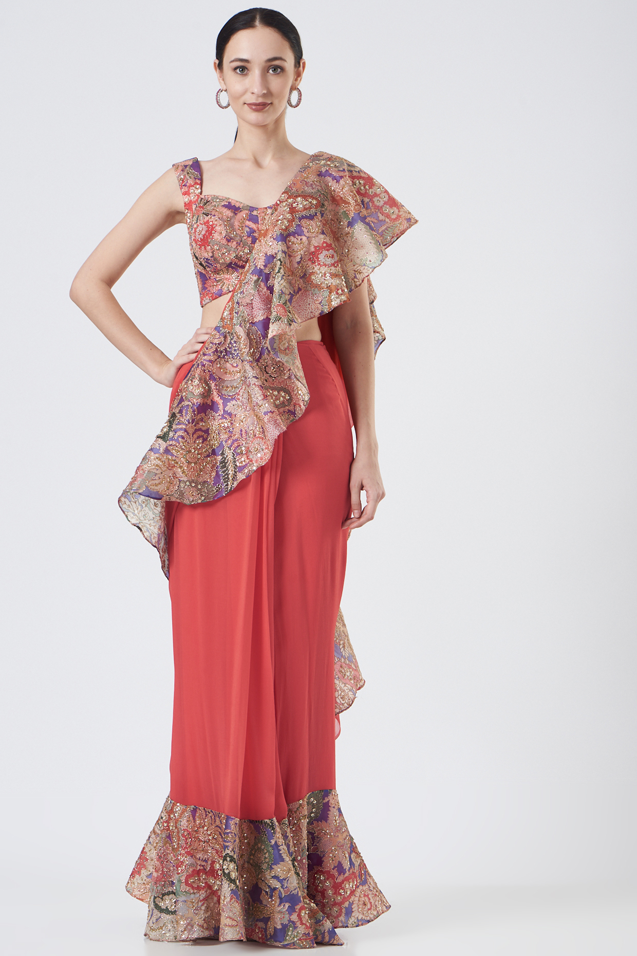 Red Satin Organza Printed Ruffle Reception Saree Set by Aisha Rao at Pernia's Pop Up Shop