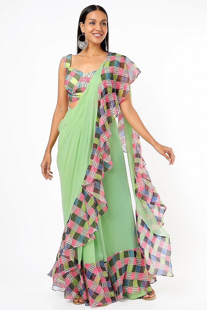 Parrot Green Organza Printed & Embellished Ruffled Saree Set by Aisha Rao