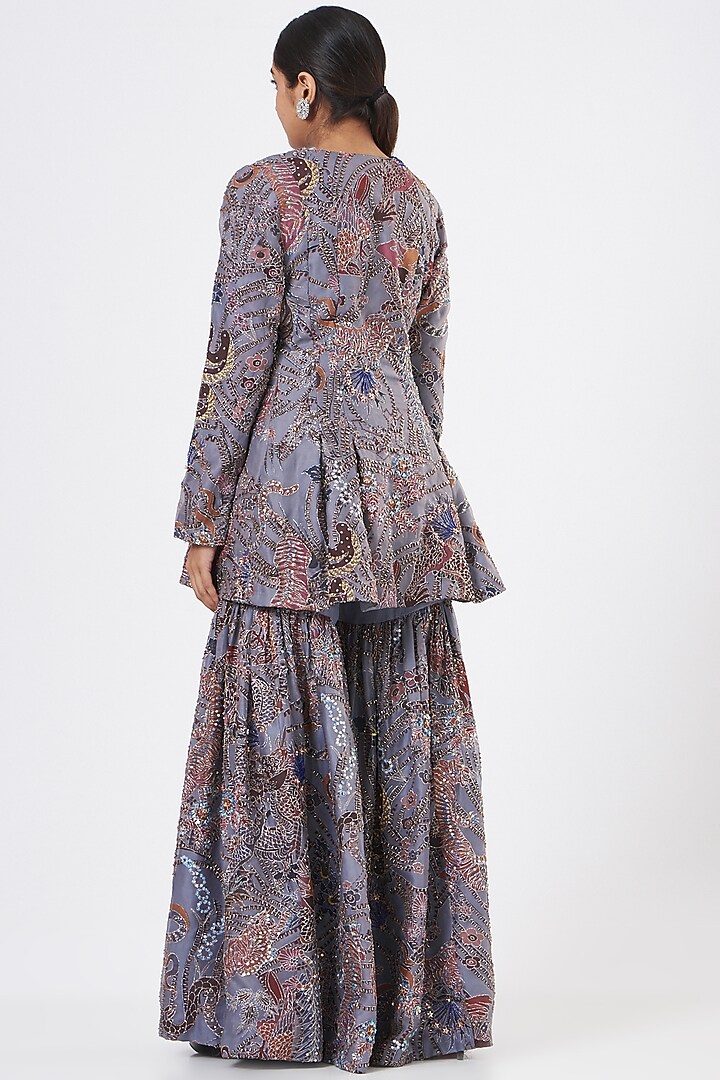 Grey Printed Bridal Sharara Set by Aisha Rao at Pernia's Pop Up Shop