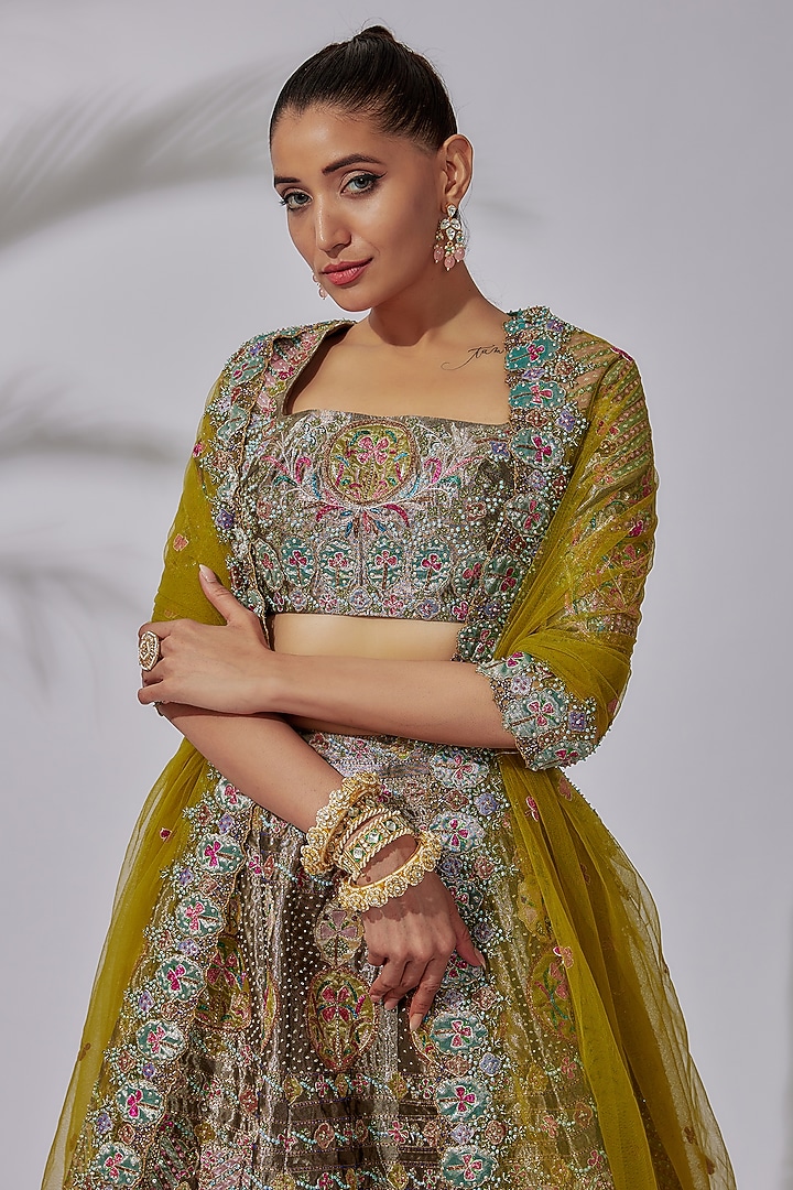 Grey Tissue Embellished Bridal Lehenga Set by Aisha Rao at Pernia's Pop Up Shop