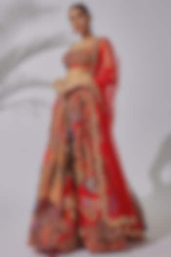 Red Indian Organza Printed & Embellished Lehenga Set by Aisha Rao