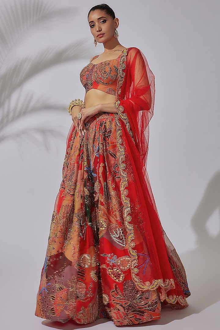 Red Indian Organza Printed & Embellished Lehenga Set by Aisha Rao