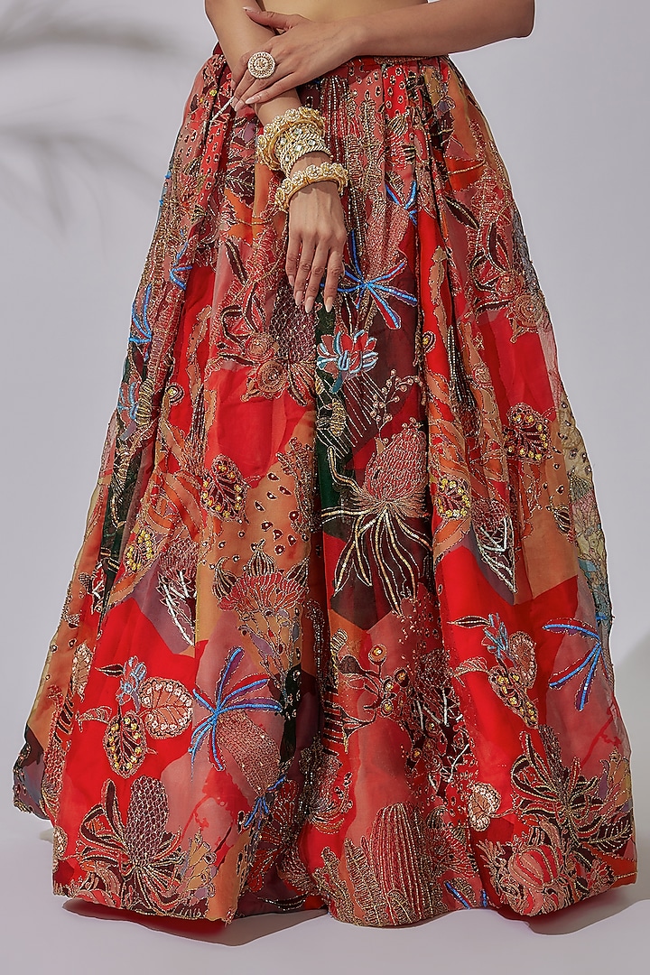 Red Indian Organza Printed & Embellished Bridal Lehenga Set by Aisha Rao at Pernia's Pop Up Shop