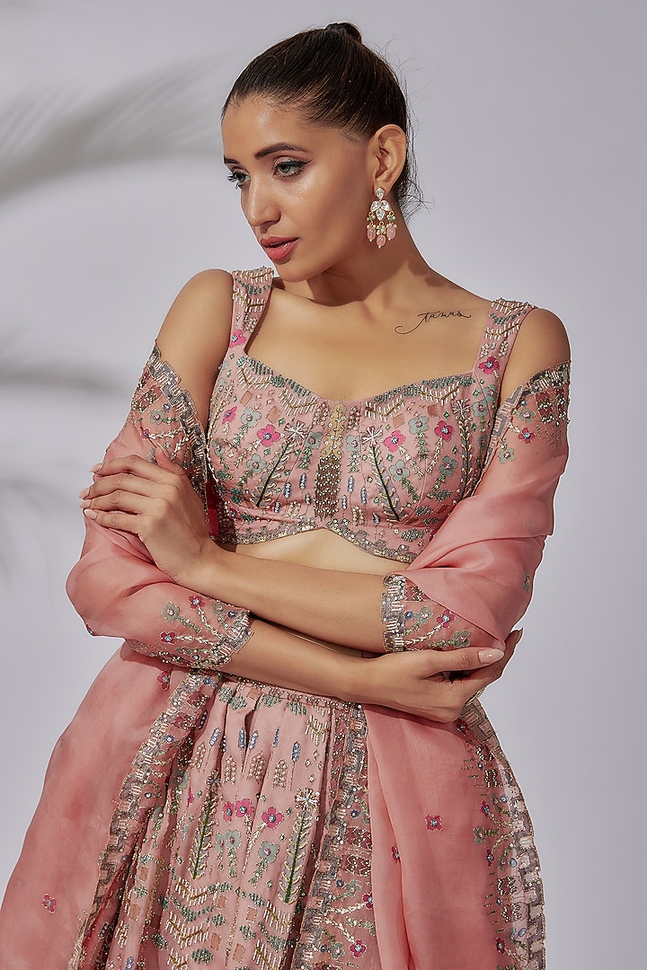 Peach Chinese Organza Embellished Bridal Lehenga Set by Aisha Rao at Pernia's Pop Up Shop