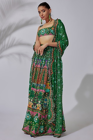 Green Organza Printed & Embellished Lehenga Set by Aisha Rao