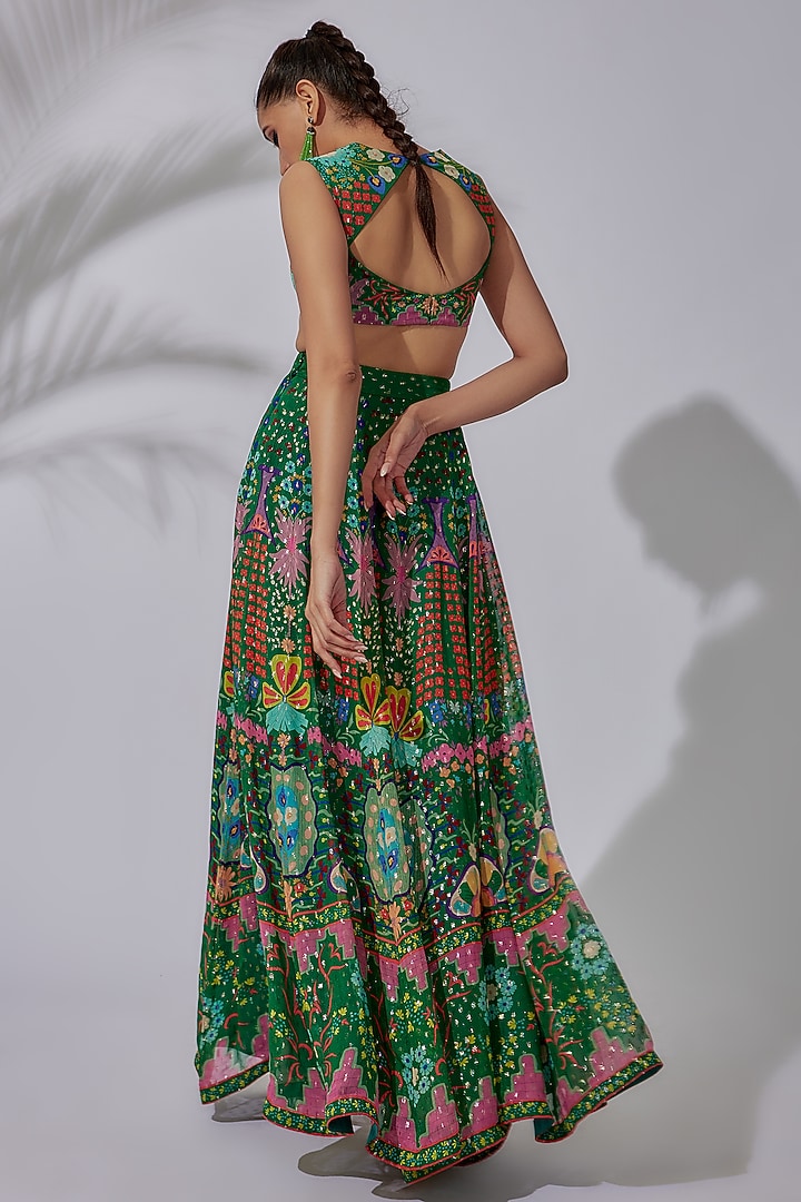 Green Organza Printed & Embellished Wedding Lehenga Set by Aisha Rao at Pernia's Pop Up Shop