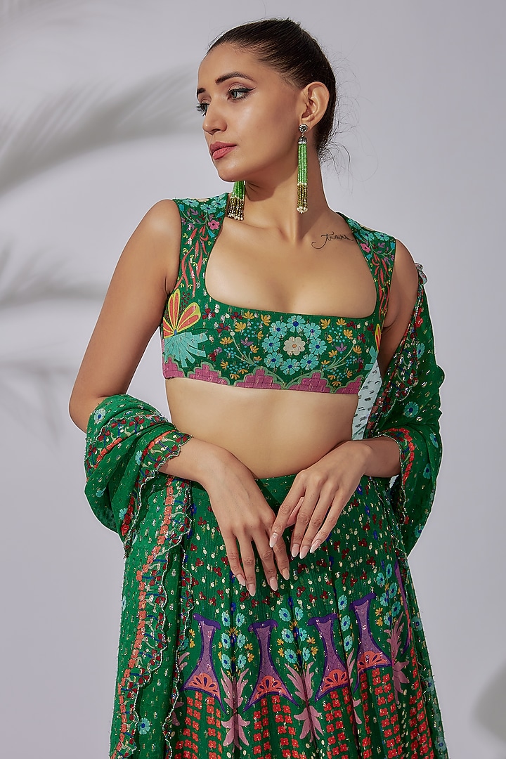 Green Organza Printed & Embellished Wedding Lehenga Set by Aisha Rao at Pernia's Pop Up Shop