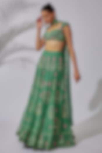 Green Dobby Printed & Embellished Lehenga Set by Aisha Rao