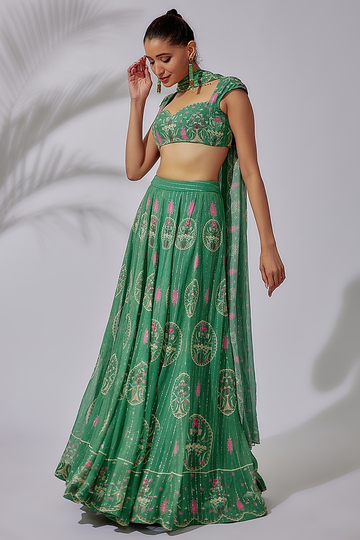 Green Dobby Printed & Embellished Lehenga Set by Aisha Rao