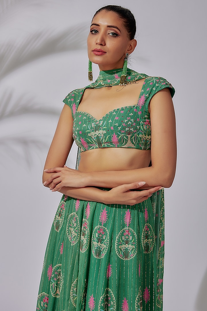 Green Dobby Printed & Embellished Wedding Lehenga Set by Aisha Rao at Pernia's Pop Up Shop