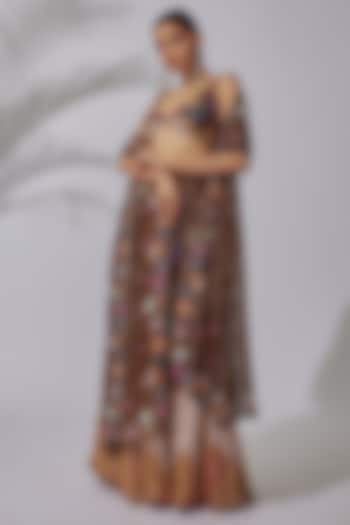 Brown Dobby Printed & Embellished Lehenga Set by Aisha Rao