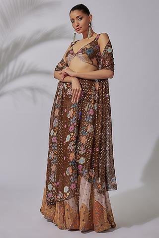 Brown Dobby Printed & Embellished Lehenga Set by Aisha Rao