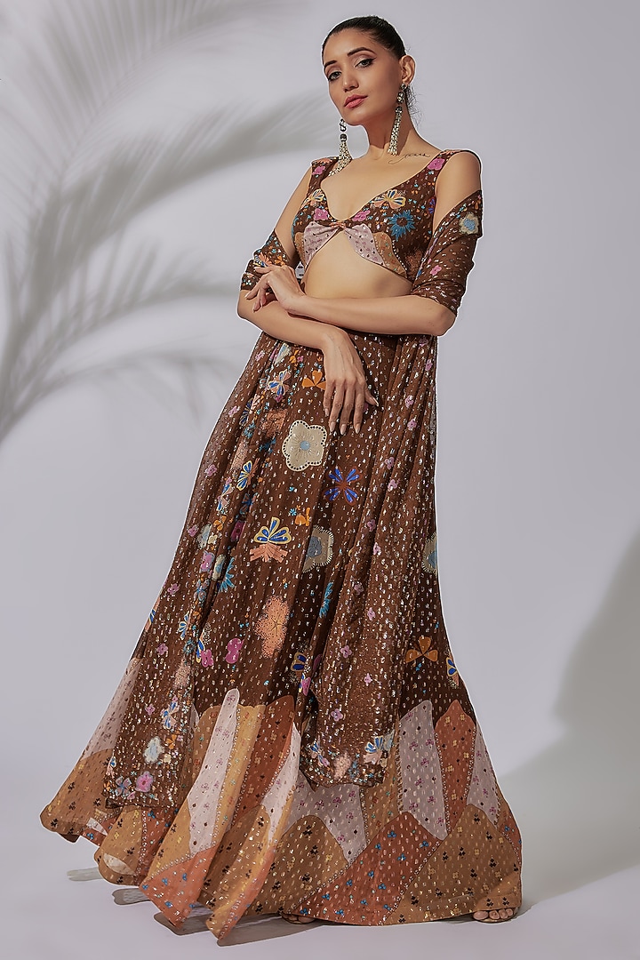 Brown Dobby Printed & Embellished Wedding Lehenga Set by Aisha Rao at Pernia's Pop Up Shop