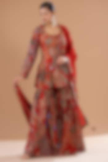 Red Organza Printed Bridal Sharara Set by Aisha Rao at Pernia's Pop Up Shop
