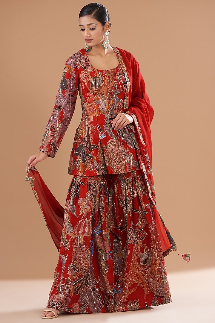 Red Organza Printed Bridal Sharara Set by Aisha Rao at Pernia's Pop Up Shop