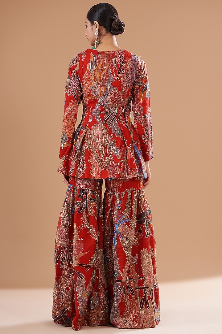 Red Organza Printed Bridal Sharara Set by Aisha Rao at Pernia's Pop Up Shop