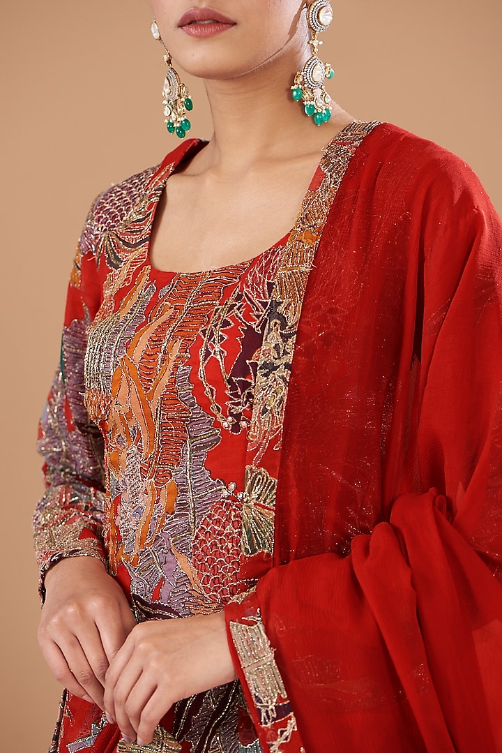 Red Organza Printed Bridal Sharara Set by Aisha Rao at Pernia's Pop Up Shop